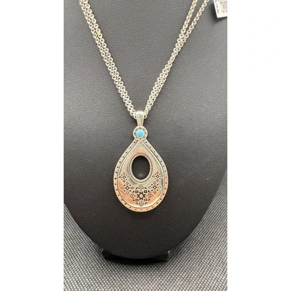 Brighton Mosaic Teardrop Necklace Silver Tone Turquoise Accent JM5188 NWT - Picture 2 of 2